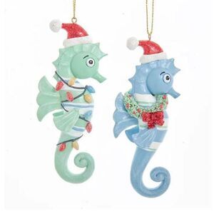 Whimsical Blue Green Seahorses in Santa Hat Christmas Holiday Ornaments Set of 2